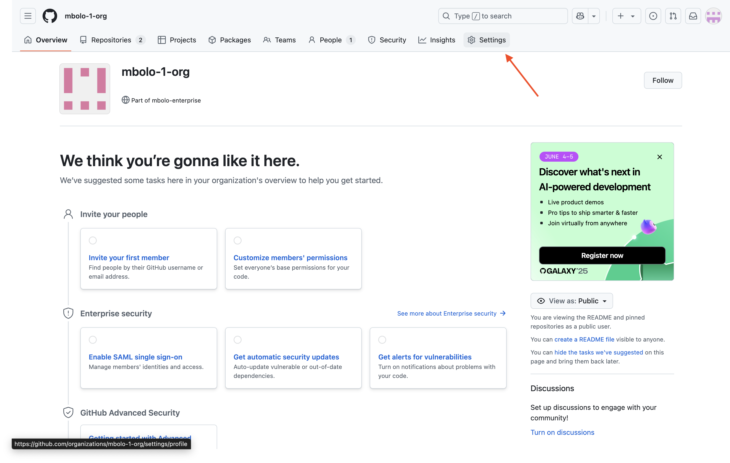 Capture d’écran de la page de vue d’ensemble de GitHub organization avec le bouton Paramètres mis en évidence.
