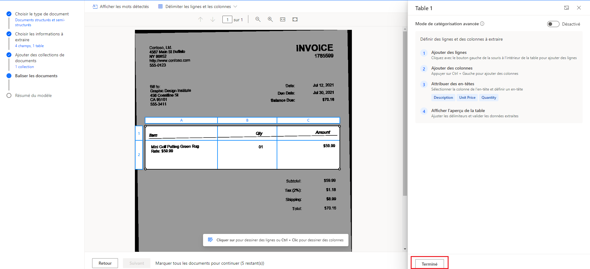 Capture d’écran montrant qu’il faut sélectionner l’option «&nbsp;Terminé&nbsp;» une fois que le tableau a été balisé dans toutes les pages.