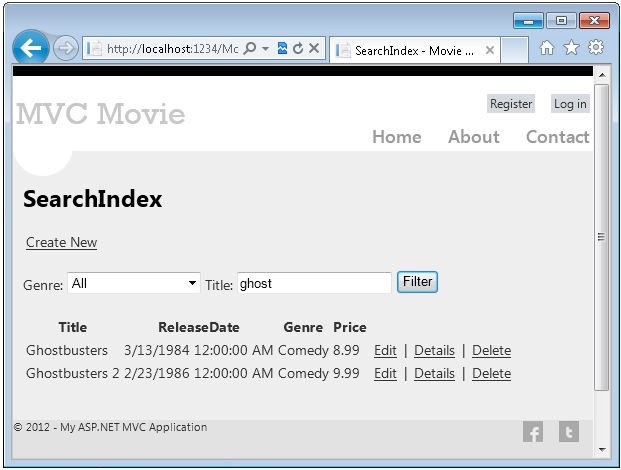Capture d’écran montrant la page Index de recherche de l’application M V C Movie. Ghost est entré dans la barre de recherche du titre.