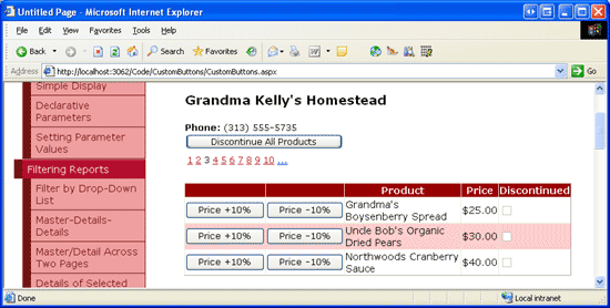 L'application GridView inclut les boutons Prix +10% et Prix -10%