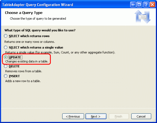 Sélectionner l’option UPDATE