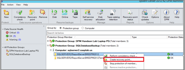 Capture d’écran montrant comment choisir la création d’un point de récupération en ligne.