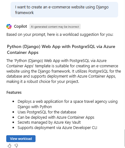 Capture d’écran de l’exemple d’une recommandation de modèle à partir d’Azure Copilot.