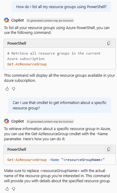 Capture d’écran d’Azure Copilot fournissant l’applet de commande PowerShell pour répertorier les groupes de ressources.