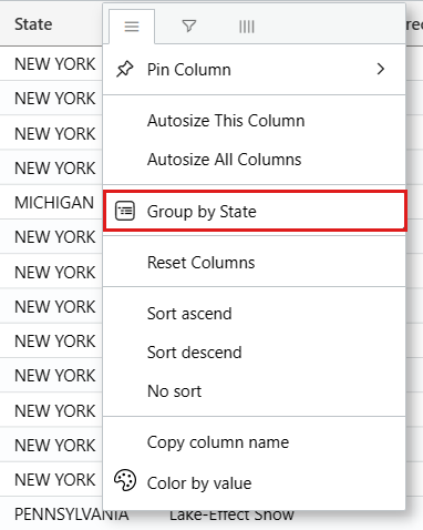 Capture d’écran d’une table contenant des résultats de requête regroupés par état.