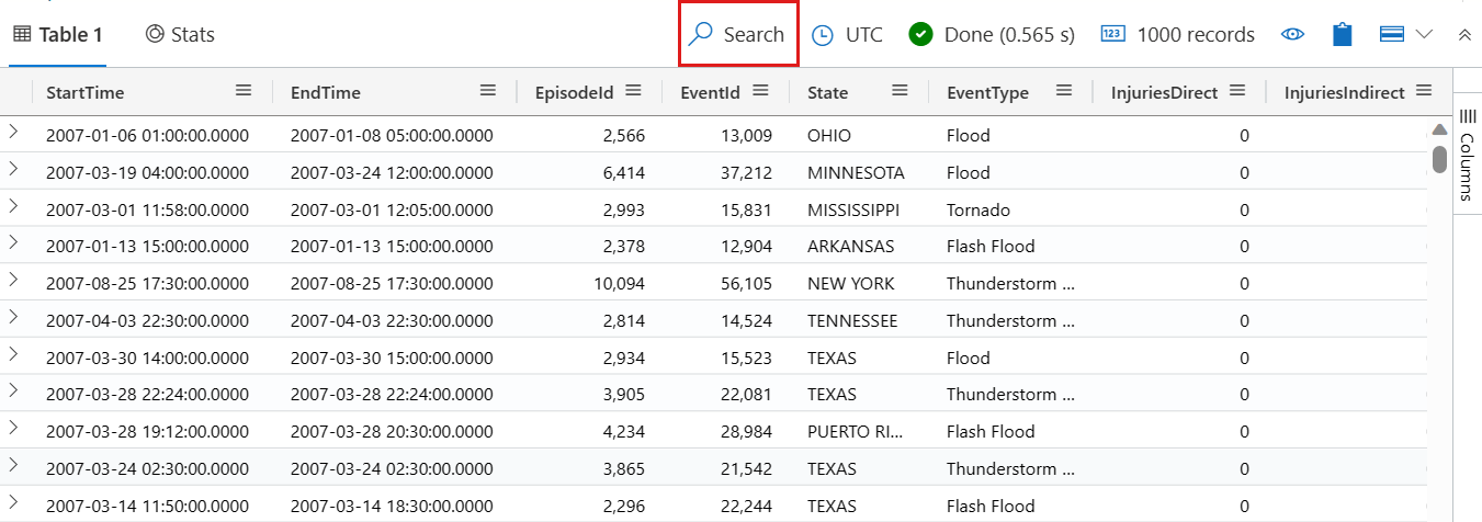Capture d’écran mettant en évidence le volet de recherche dans la table.