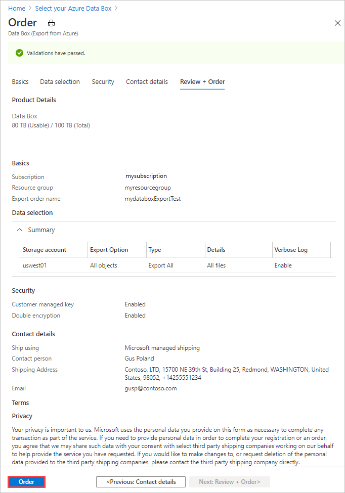 Capture d’écran montrant une commande Data Box après avoir été validée.