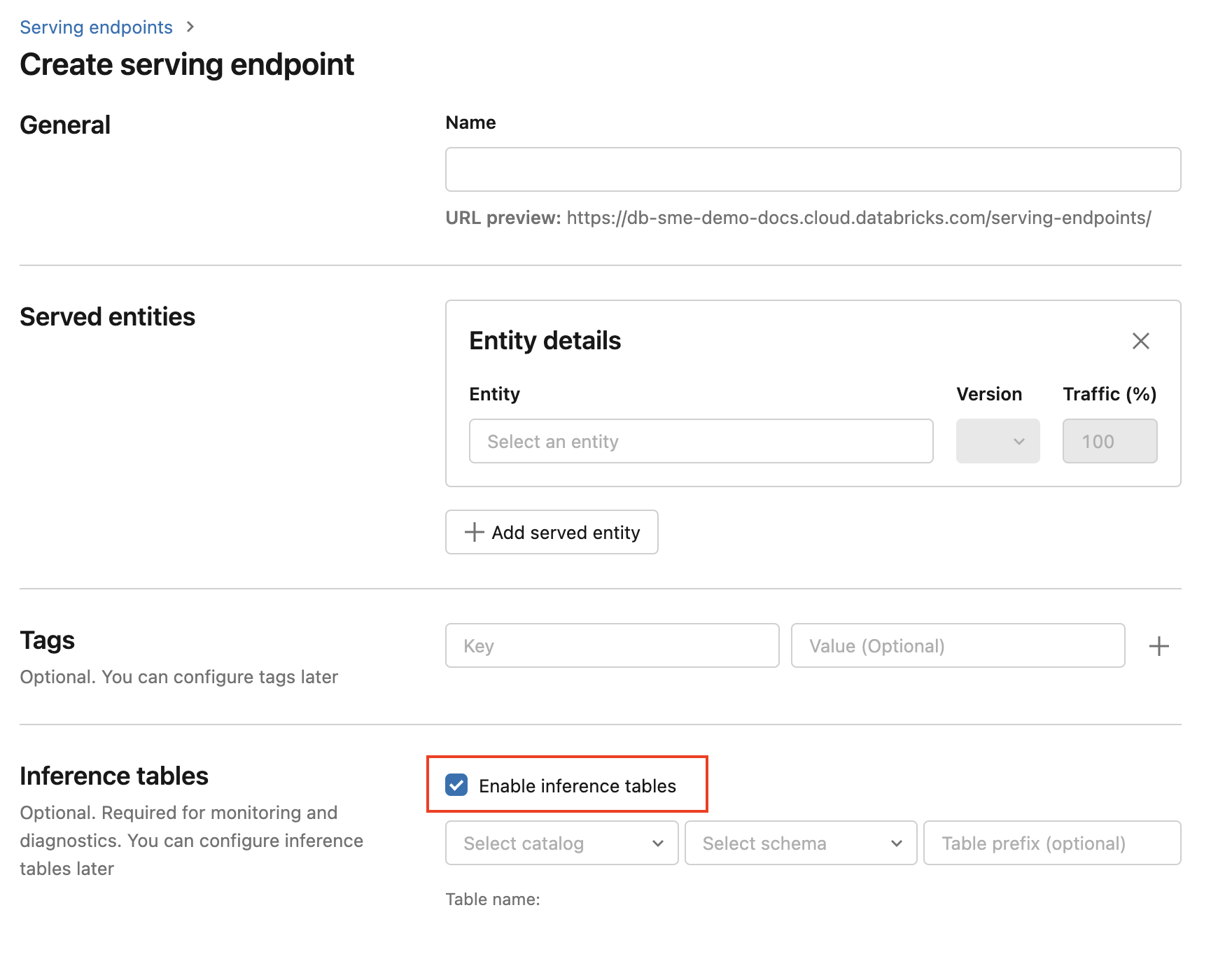 catalogue et schéma pour la table d’inférence