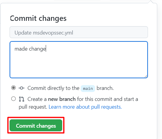 Capture d’écran montrant où sélectionner Valider les modifications sur la page GitHub.