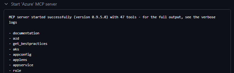 Capture d’écran montrant le démarrage du serveur Azure MCP.
