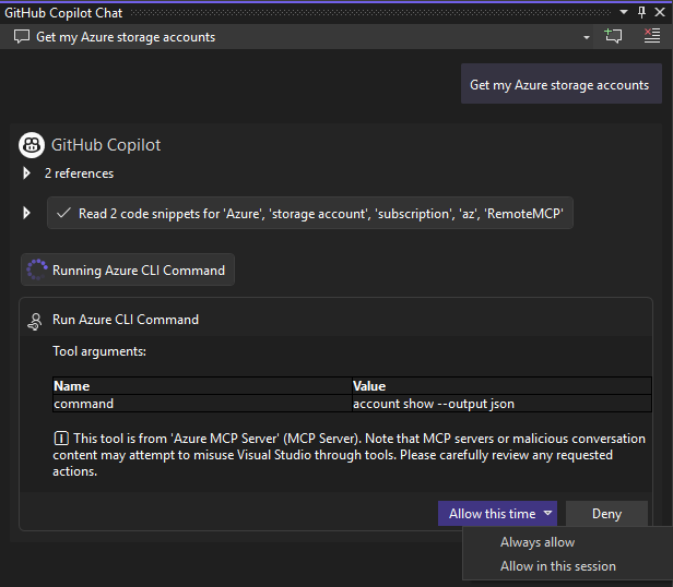 Capture d’écran montrant comment exécuter les outils Azure MCP Server dans Visual Studio.