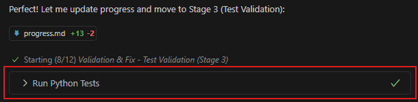 Capture d’écran de Visual Studio Code montrant le volet de modernisation de l’application GitHub Copilot avec l’étape Exécuter les tests Python dans le flux de travail de migration.