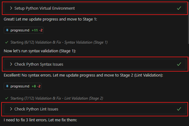 Capture d’écran de Visual Studio Code montrant le volet de modernisation des applications GitHub Copilot avec la configuration de l’environnement, la vérification de la syntaxe et la vérification lint dans le flux de travail de migration.