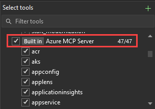Capture d’écran montrant la boîte de dialogue Sélectionner des outils avec le nœud serveur Azure MCP activé.