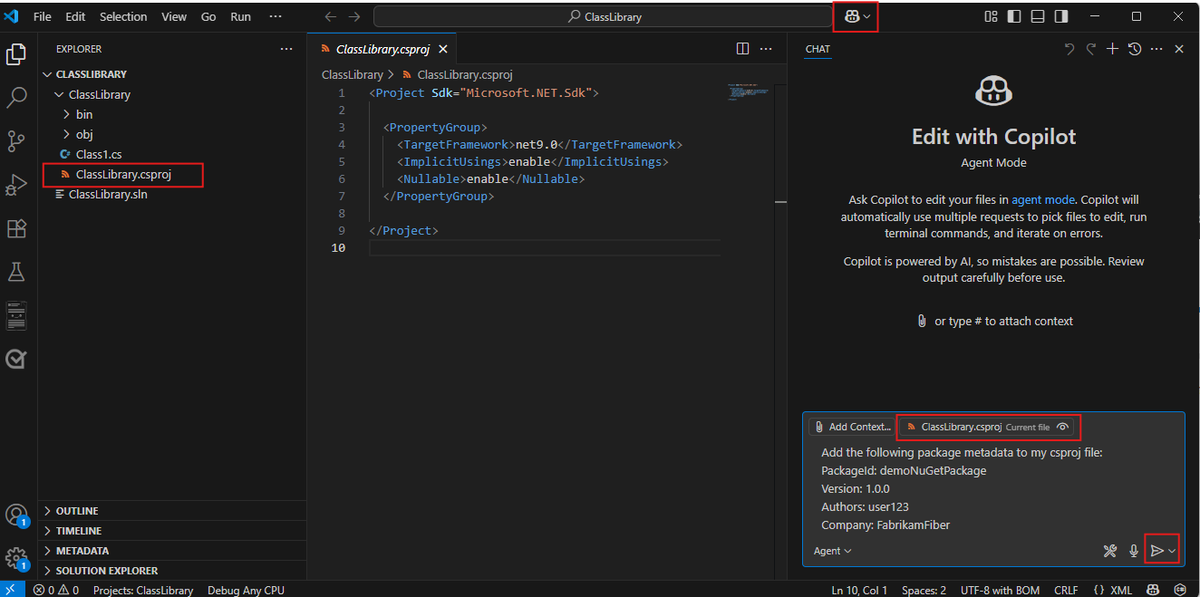 Capture d’écran montrant comment ajouter un package metada à l’aide de GitHub Copilot dans Visual Studio Code.