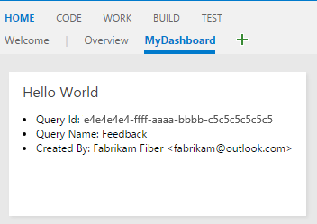 Capture d’écran du tableau de bord Vue d’ensemble avec un exemple de widget utilisant l’API REST pour WorkItemTracking.