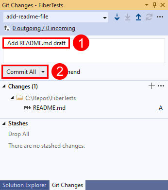 Capture d’écran de l’option «&nbsp;Tout valider&nbsp;» dans la fenêtre «&nbsp;Modifications Git&nbsp;» dans Visual Studio.
