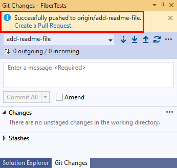 Capture d’écran du lien «&nbsp;Créer une demande de tirage&nbsp;» dans la fenêtre «&nbsp;Modifications Git&nbsp;» dans Visual Studio.
