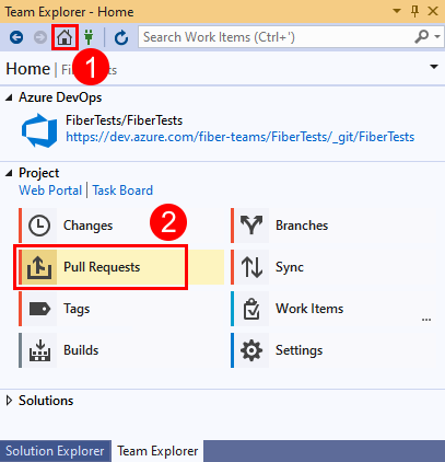 Capture d’écran de l’option «&nbsp;Demandes de tirage&nbsp;» dans Team Explorer dans Visual Studio&nbsp;2019.
