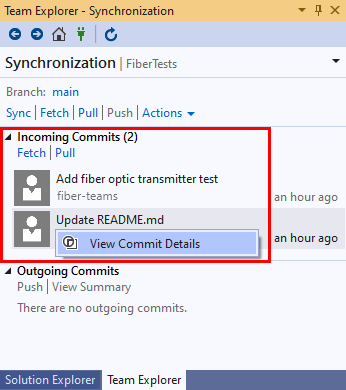 Capture d’écran du menu contextuel pour les validations entrantes dans la vue Synchronisation de Team Explorer dans Visual Studio 2019.