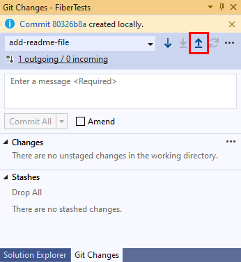 Capture d’écran du bouton flèche vers le haut dans la fenêtre Modifications Git de Visual Studio.