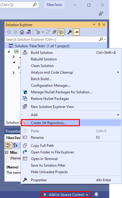Capture d’écran de l’option «&nbsp;Créer un référentiel Git&nbsp;» dans le menu contextuel de l’Explorateur de solutions dans Visual Studio&nbsp;2022.