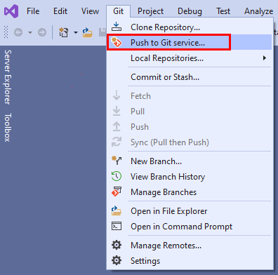 Capture d’écran de l’option «&nbsp;Envoyer (push) vers le service Git&nbsp;» dans le menu contextuel de Visual Studio&nbsp;2022.