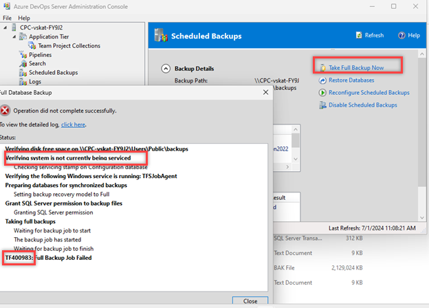 Capture d’écran montrant le lien mis en surbrillance pour effectuer une sauvegarde complète maintenant.