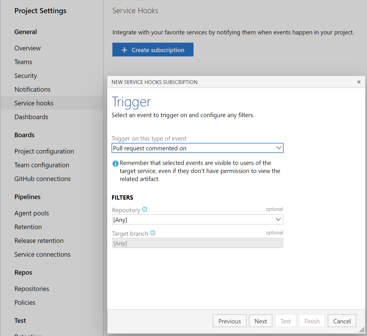 Capture d’écran de l’assistant Nouvel abonnement aux hooks de service.