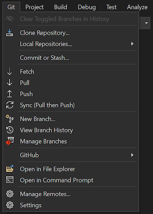 Capture d’écran du menu Git dans Visual Studio 2022.