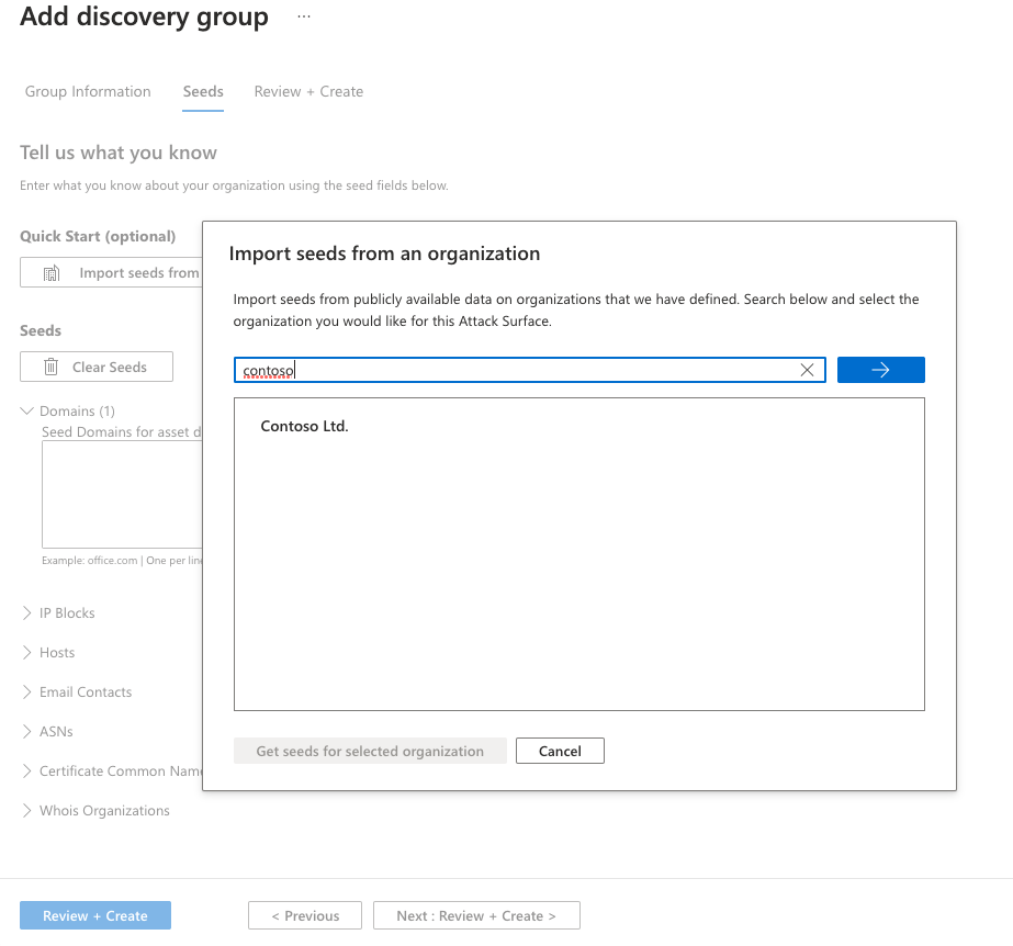 Capture d’écran de la page de sélection de la surface d’attaque pré-préparée, puis sortie dans la liste de semences