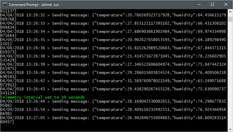 Capture d’écran d’une fenêtre de terminal montrant le résultat direct du message et la sortie mise à jour à partir de l’application d’appareil simulé.