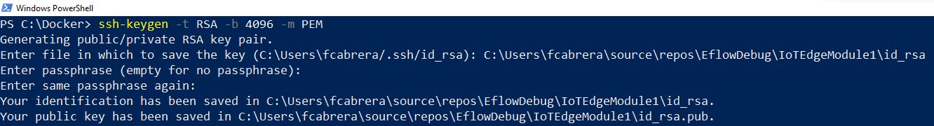 Capture d’écran de la commande PowerShell pour créer une clé SSH.