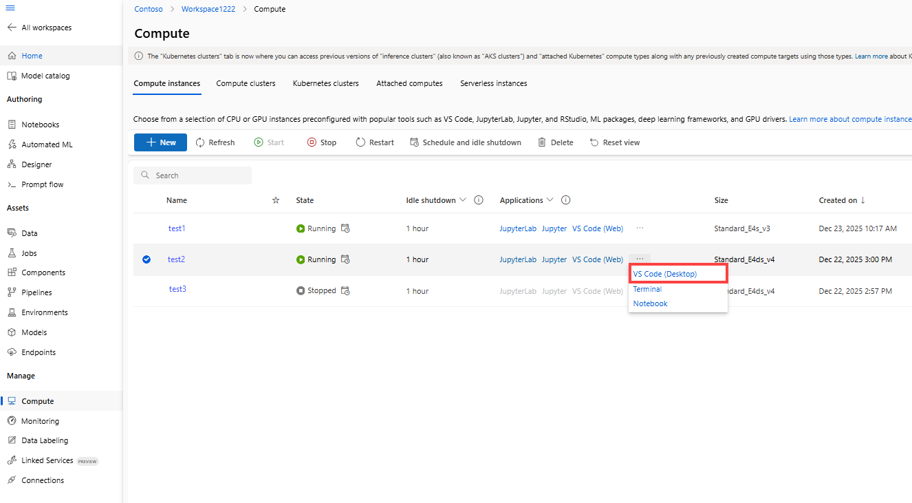 Capture d’écran Comment se connecter à l’instance de calcul dans VS Code Azure Machine Learning studio