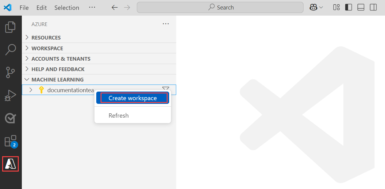 Capture d’écran montrant l’option permettant de créer un espace de travail.