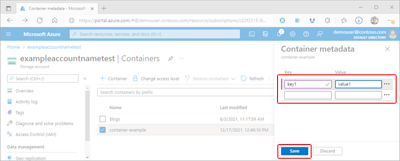 Capture d’écran montrant comment mettre à jour les métadonnées de conteneur dans le portail Azure.