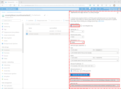 Capture d’écran montrant comment générer une SAP pour un conteneur dans le portail Azure.