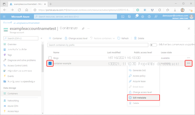 Capture d’écran montrant comment accéder aux métadonnées de conteneur dans le portail Azure.