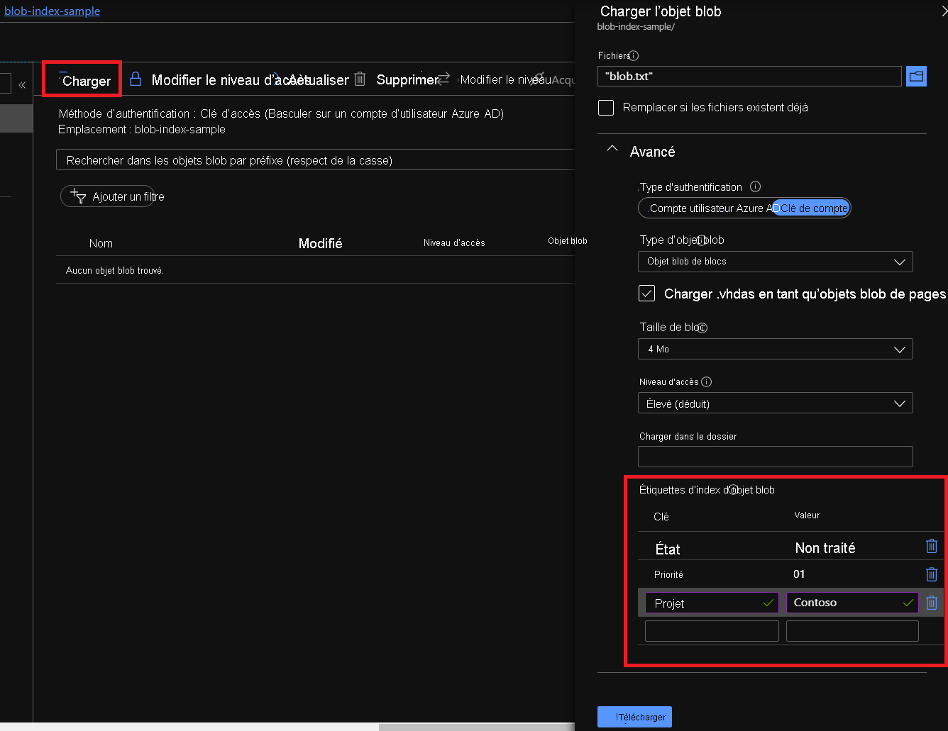 Capture d’écran du portail Azure montrant comment charger un blob avec des balises d’index.