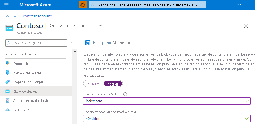 Activer l’hébergement de sites web statiques pour un compte de stockage