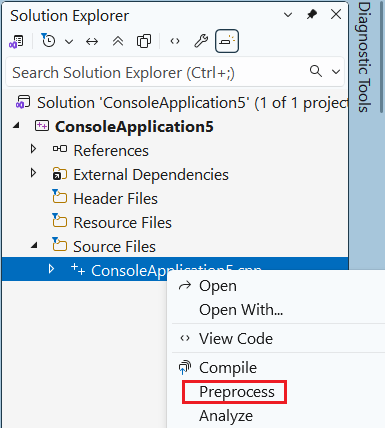 capture d’écran montrant le menu contextuel d’un fichier C++ avec l’option Prétraitement mise en surbrillance.