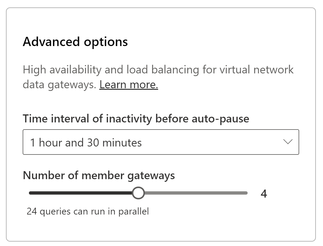 Capture d’écran des options avancées de la passerelle de réseau virtuel, avec l’intervalle de temps défini sur 1 heure 30 minutes et le nombre de passerelles définies sur 4.