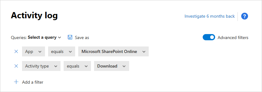Capture d’écran montrant le filtre de journal d’activité avancé.