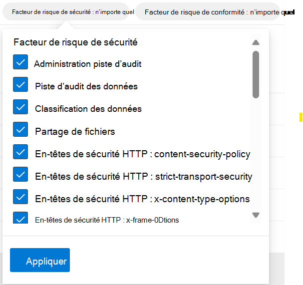 Capture d’écran montrant les filtres de facteur de risque de sécurité