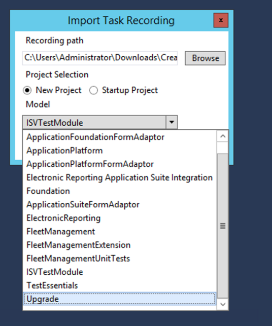 Example of Import Task Recording dialog box.