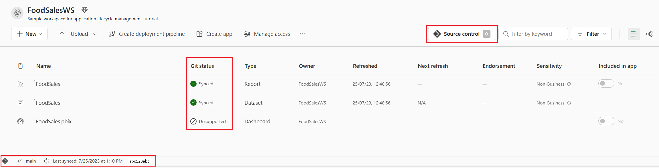 Capture d’écran de l’icône de contrôle de code source et d’autres informations Git.