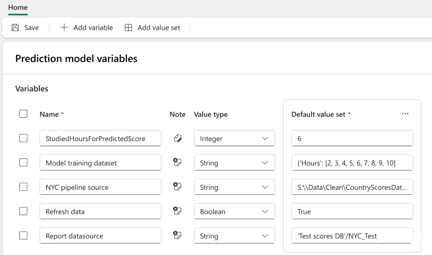 Capture d’écran d’une bibliothèque de variables avec plusieurs variables et leurs composants principaux.