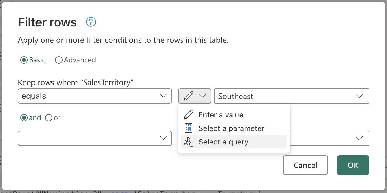 Capture d’écran du widget de saisie dans la boîte de dialogue de filtrage des lignes avec l’option permettant de référencer une requête.