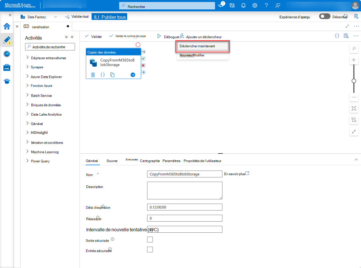 Capture d’écran de la page des ressources Portail Azure Factory avec déclencheur mis en surbrillance.