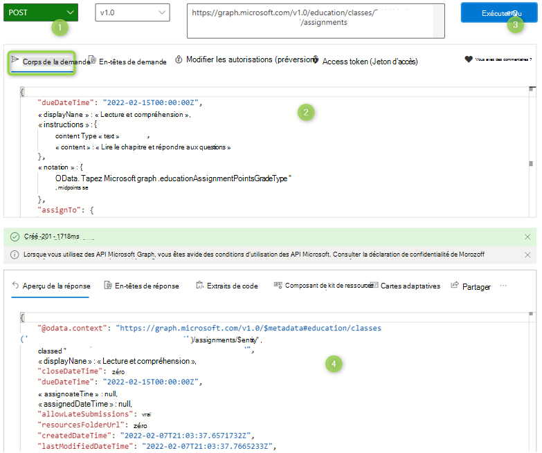 Capture d’écran de la demande et de la réponse Créer une requête d’affectation dans Graph Explorer